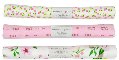 3 Flannel Fat Quarters Wild and Free Little Feet Boutique Pink White 18" x 21"