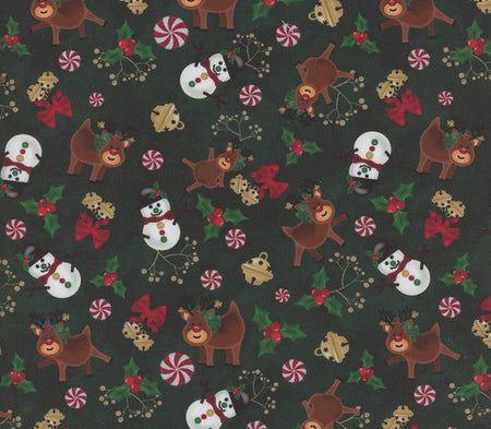 Navidad, muñecos de nieve, renos, campanas y caramelos sobre fondo verde, 100 % algodón. Precio por yarda