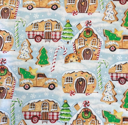 Christmas Gingerneering Gingerbread Campers on Blue 100% Cotton By the yard