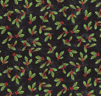 Touch of Splendor: acebo sobre fondo negro, 100 % algodón. Precio por yarda.