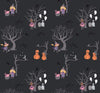 Árboles de brujas de Halloween: calabazas brillantes sobre fondo negro. 100 % algodón. Precio por yarda.