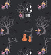 Árboles de brujas de Halloween: calabazas brillantes sobre fondo negro. 100 % algodón. Precio por yarda.