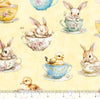 Easter Bunnies and Chicks in Teacups on Light Yellow