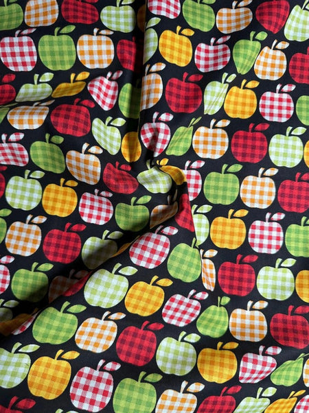 Plaid Apples on Black 100% Cotton Price per Yard