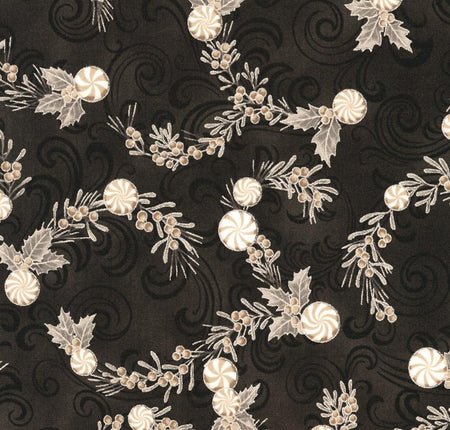 Caramelos de menta navideños sobre fondo negro metalizado, 100 % algodón. Precio por yarda