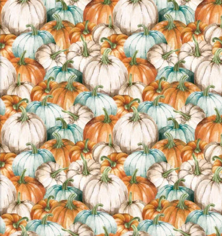 Packed Pumpkins White Teal Orange 100% Cotton Price per Yard