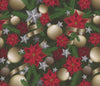 Mook Fabrics Christmas Gold Ornaments and Ribbons Poinsettias 100% Cotton Fabric By the yard