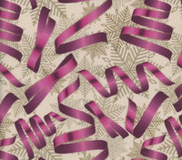 Christmas Pink Ribbons Silver Snowflakes on Cream 100% Cotton Fabric By the yard