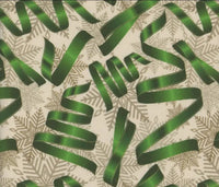 Christmas Green Ribbons Silver Snowflakes on Cream  100% Cotton Fabric By the yard