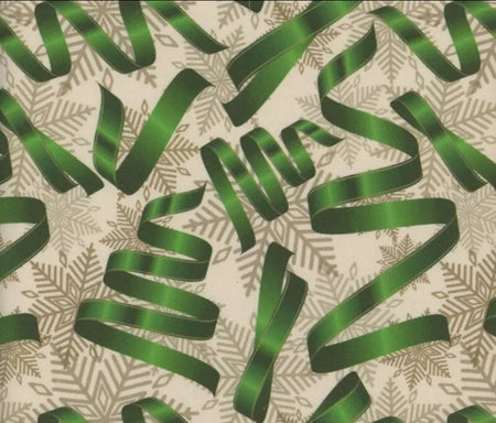Christmas Green Ribbons Silver Snowflakes on Cream  100% Cotton Fabric By the yard