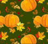 Tela de algodón 100 % con motivos de calabazas y hojas sobre fondo verde
