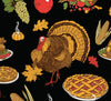 Thanksgiving Turkey Pie Gourds Corn Pie on Black 100% Cotton Fabric