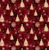 Árboles navideños dorados y copos de nieve sobre fondo rojo, 100 % algodón. Precio por yarda.