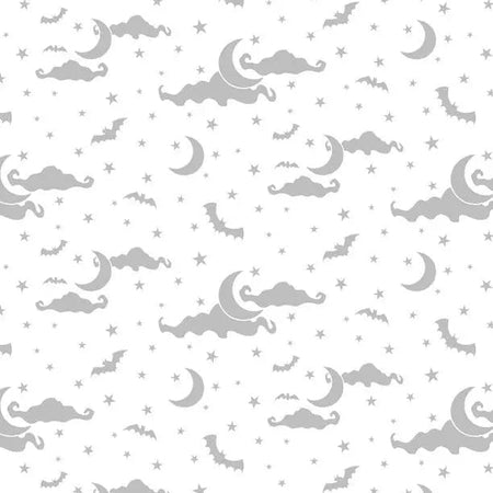Espectáculo misterioso: luna y estrellas sobre fondo blanco en tela de algodón blanco, 44"/45", por yarda