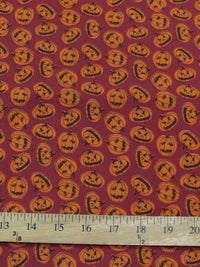 Halloween Pumpkins Burgundy Poly Cotton Fabric