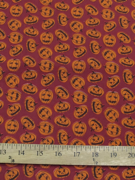 Halloween Pumpkins Burgundy Poly Cotton Fabric
