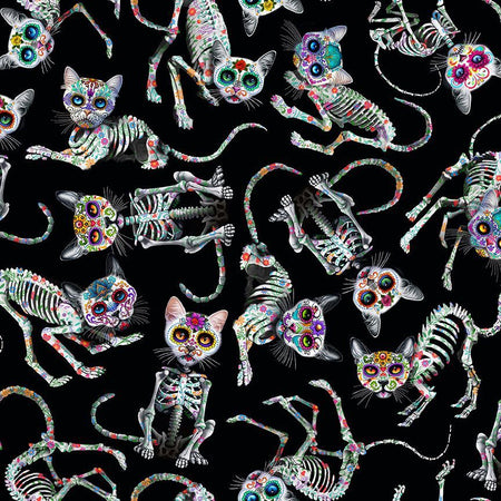 Halloween y el Día de los Muertos: gatos esqueléticos sobre fondo negro