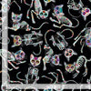 Halloween y el Día de los Muertos: gatos esqueléticos sobre fondo negro