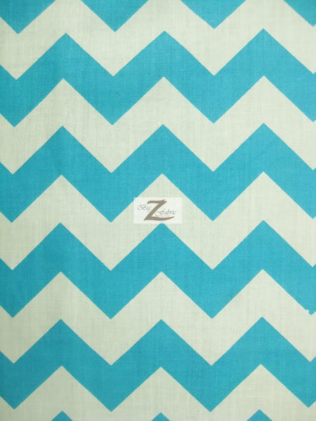Poly Cotton Fabric 1" Zig Zag Chevron / White/Turquoise / Sold By The Yard