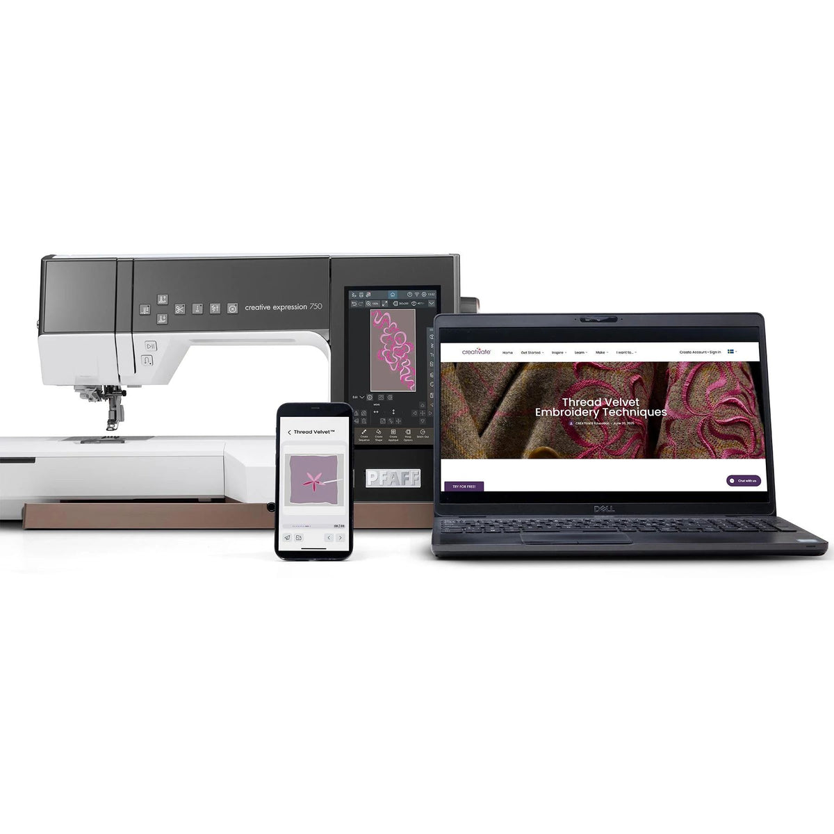 PFAFF creative expression 750 connected to CREATIVATE on laptop and mobile device