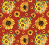 Ramos de girasoles y calabazas sobre fondo burdeos, 100 % algodón. Precio por yarda.