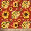 Ramos de girasoles y calabazas sobre fondo burdeos, 100 % algodón. Precio por yarda.
