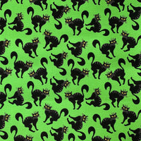 Halloween Creepy Black Cats on Green 100% Cotton Fabric