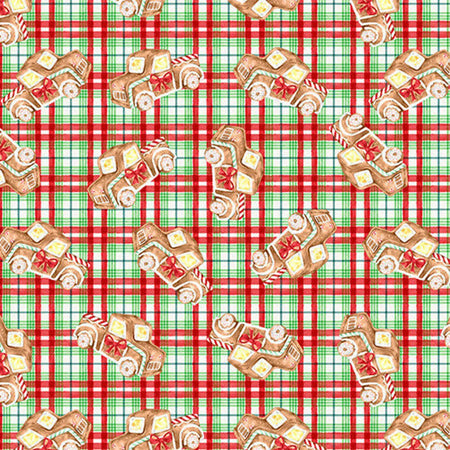 Camiones de pan de jengibre «Christmas Gingerneering», estampado a cuadros sobre fondo crema, 100 % algodón, por yarda