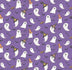 Fantasmas de Halloween con sombreros de bruja, escobas y murciélagos sobre fondo morado, 100 % algodón. Precio por yarda.