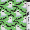 Halloween Fabric Dancing Ghosts and Bats on Green 100% Cotton