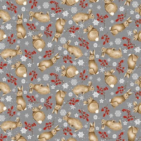 Tossed Bunnies on Gray with Snowflakes 100% Cotton Price per Yard