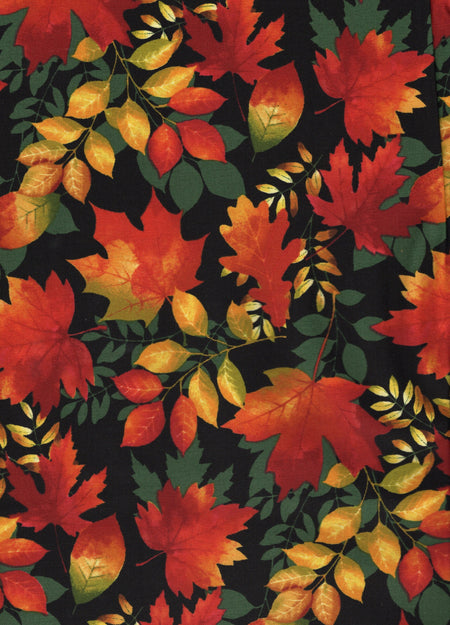 Orange and Yellow Leaves on Black 100% Cotton Price per Yard