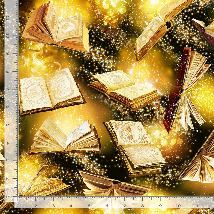 Halloween Gold Book of Spells on Black 100% Cotton Fabric Price per Yard