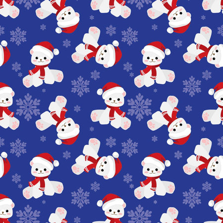 Ositos de peluche navideños y copos de nieve sobre tela azul 100 % algodón