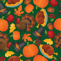 Tela 100 % algodón con motivos de Acción de Gracias, pavos, bellotas, calabazas y gorros sobre fondo verde