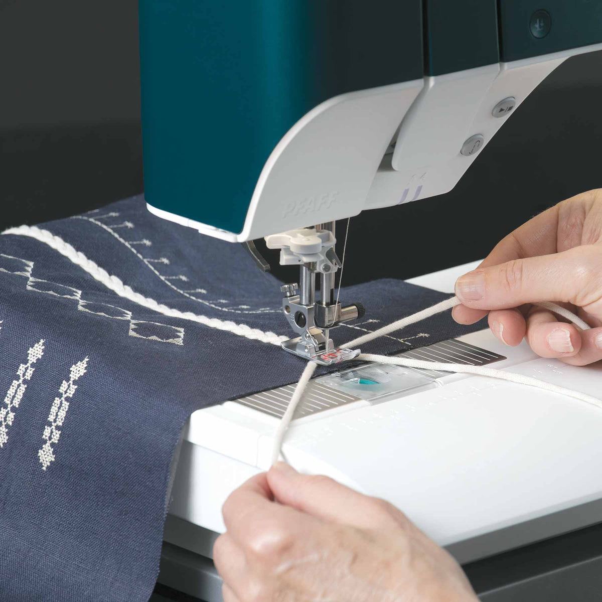 Couching decorative cord with PFAFF performance icon ActivStitch technology