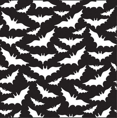 Tela de Halloween con murciélagos blancos volando sobre fondo negro, 100 % algodón