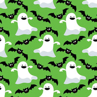 Halloween Fabric Dancing Ghosts and Bats on Green 100% Cotton
