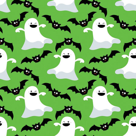 Halloween Fabric Dancing Ghosts and Bats on Green 100% Cotton