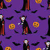 Vampiros, murciélagos y calabazas de Halloween sobre tela morada 100 % algodón