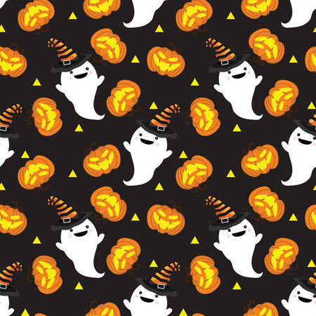 Fantômes et citrouilles d'Halloween sur fond noir, 100 % coton