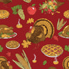 Tarta de pavo de Acción de Gracias, calabazas y maíz sobre tela roja 100 % algodón