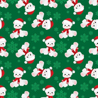 Ositos de peluche navideños y copos de nieve sobre tela verde 100 % algodón