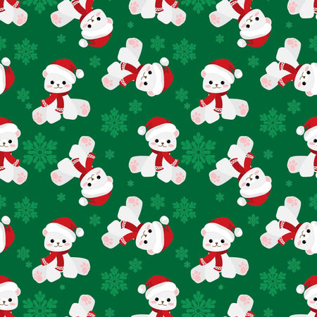 Ositos de peluche navideños y copos de nieve sobre tela verde 100 % algodón