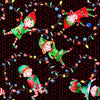 Christmas Dancing Elves Stringing Lights on Black 100% Cotton Fabric