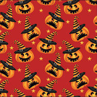 Calabazas traviesas de Halloween sobre fondo naranja, 100 % algodón. Precio por yarda.
