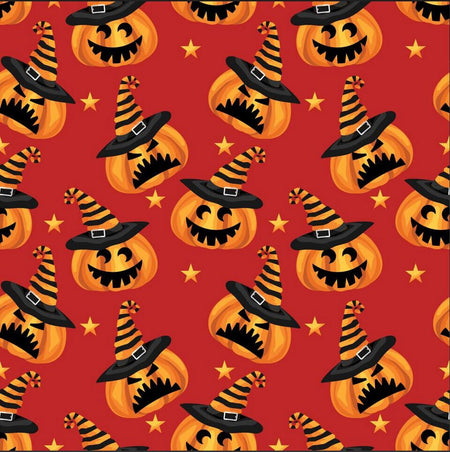 Calabazas traviesas de Halloween sobre fondo naranja, 100 % algodón. Precio por yarda.