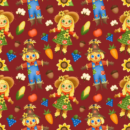 Scarecrows Fall Friends on Burgundy 100% Cotton Fabric