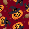 Halloween Pumpkins and Witches Brooms on Red  100% Cotton