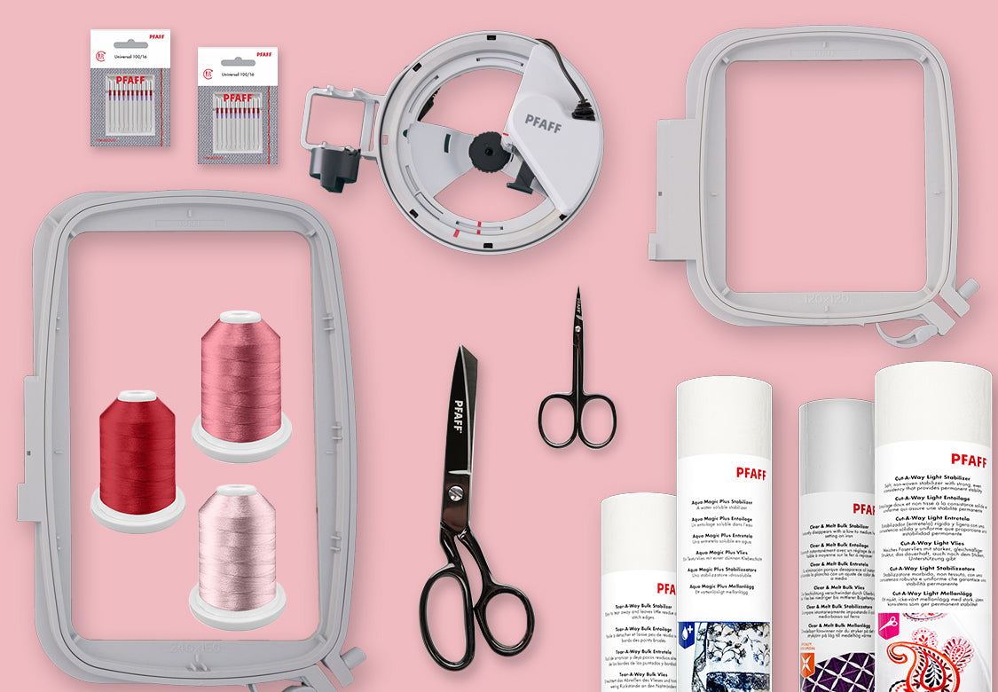 Pfaff Embroidery Hoop, Thread, and Stabilizers